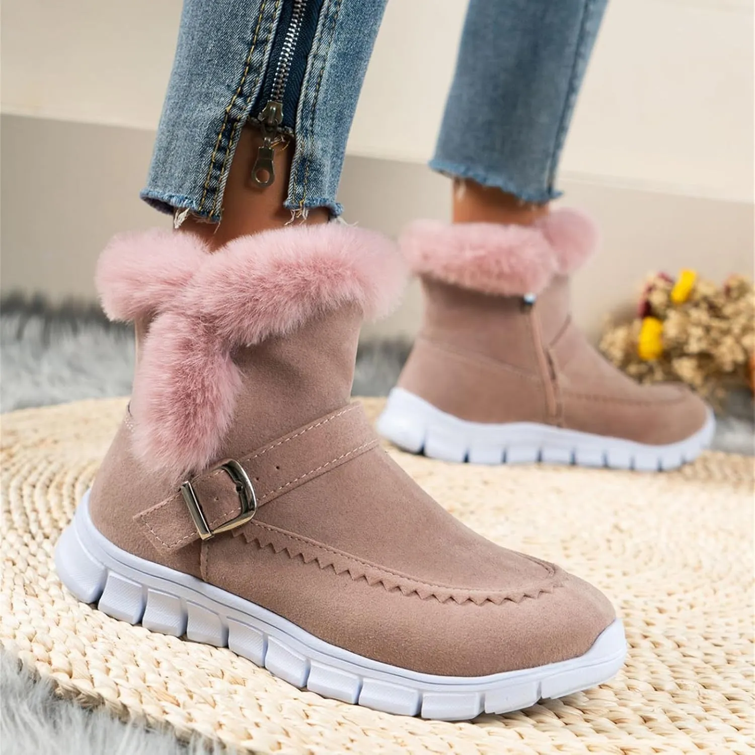 Ladmiple Booties For Women 2024 Snow Boots Winter Warm Fur Lined Anti-Slip Ankle Booties Outdoor Slip On Warm Loafers Shoes