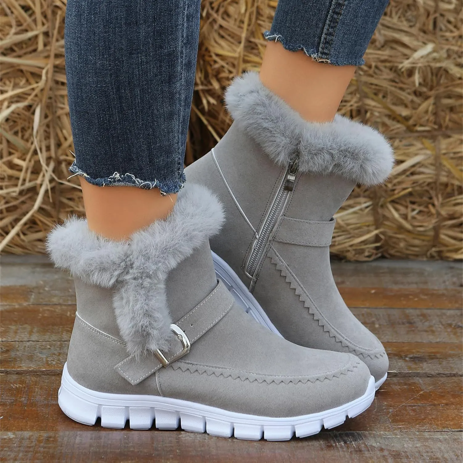 Ladmiple Booties For Women 2024 Snow Boots Winter Warm Fur Lined Anti-Slip Ankle Booties Outdoor Slip On Warm Loafers Shoes