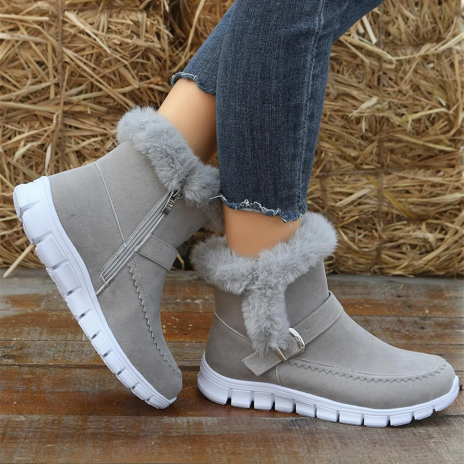 Ladmiple Booties For Women 2024 Snow Boots Winter Warm Fur Lined Anti-Slip Ankle Booties Outdoor Slip On Warm Loafers Shoes
