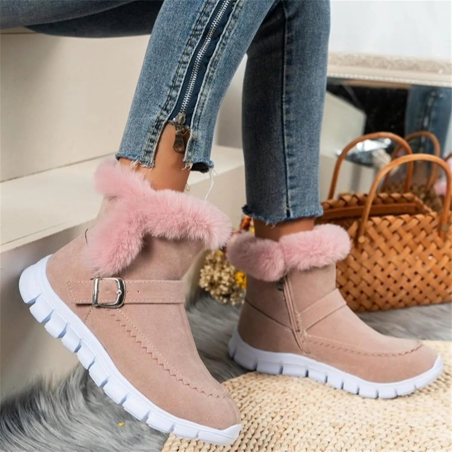 Ladmiple Booties For Women 2024 Snow Boots Winter Warm Fur Lined Anti-Slip Ankle Booties Outdoor Slip On Warm Loafers Shoes