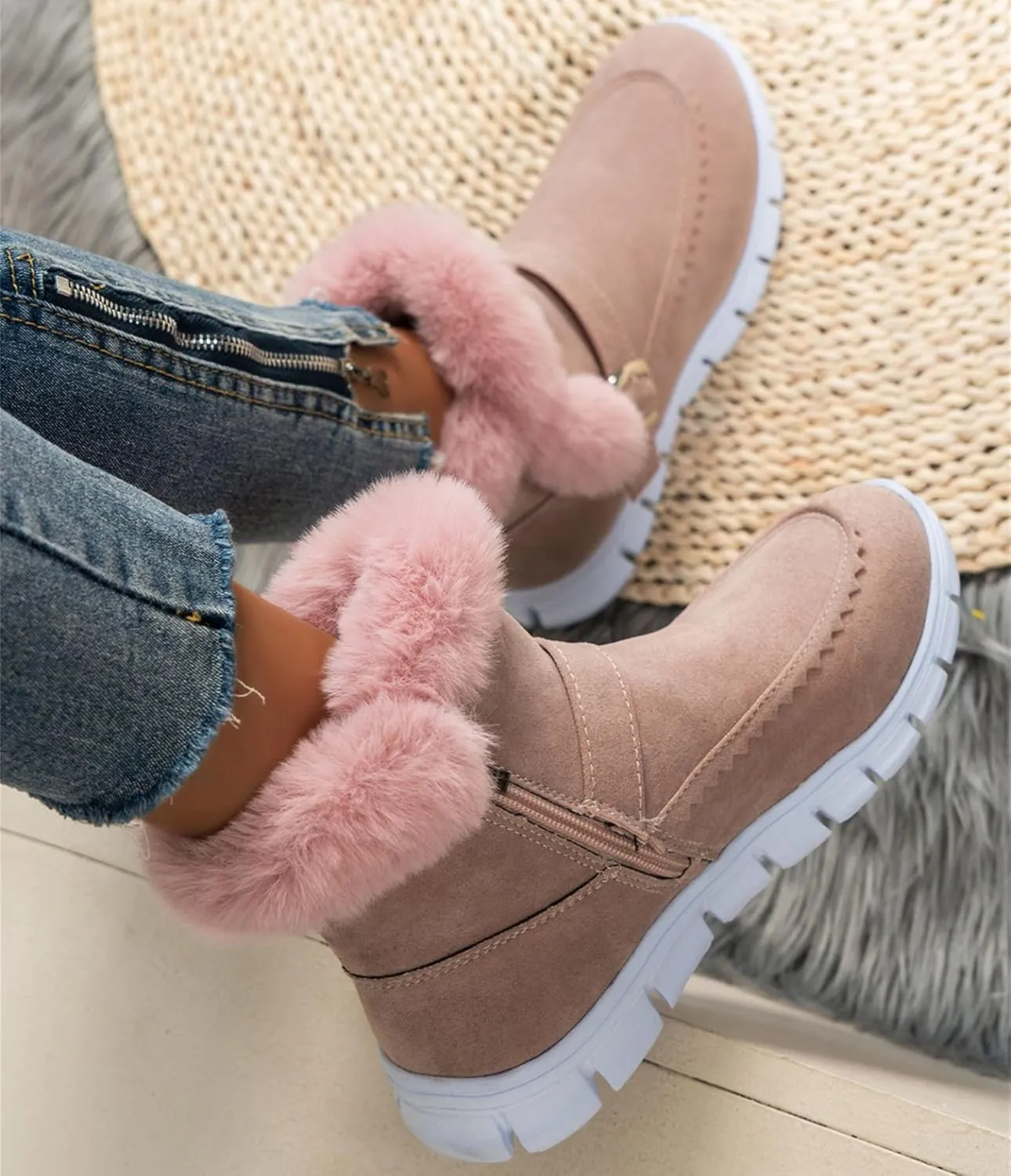 Ladmiple Booties For Women 2024 Snow Boots Winter Warm Fur Lined Anti-Slip Ankle Booties Outdoor Slip On Warm Loafers Shoes