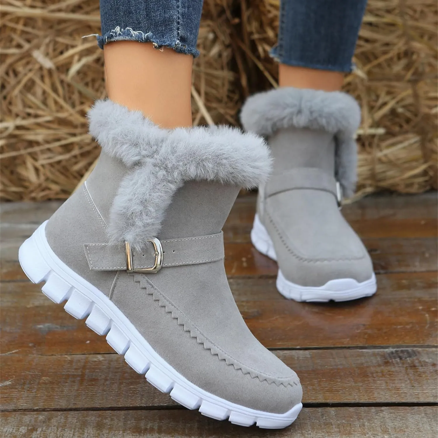 Ladmiple Booties For Women 2024 Snow Boots Winter Warm Fur Lined Anti-Slip Ankle Booties Outdoor Slip On Warm Loafers Shoes