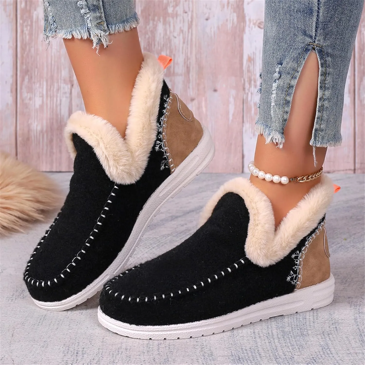 Ladmiple Booties For Women 2024 Warm Fur Lined Winter Snow Boots Outdoor Short Ankle Booties Slip On Fashion Loafers Shoes