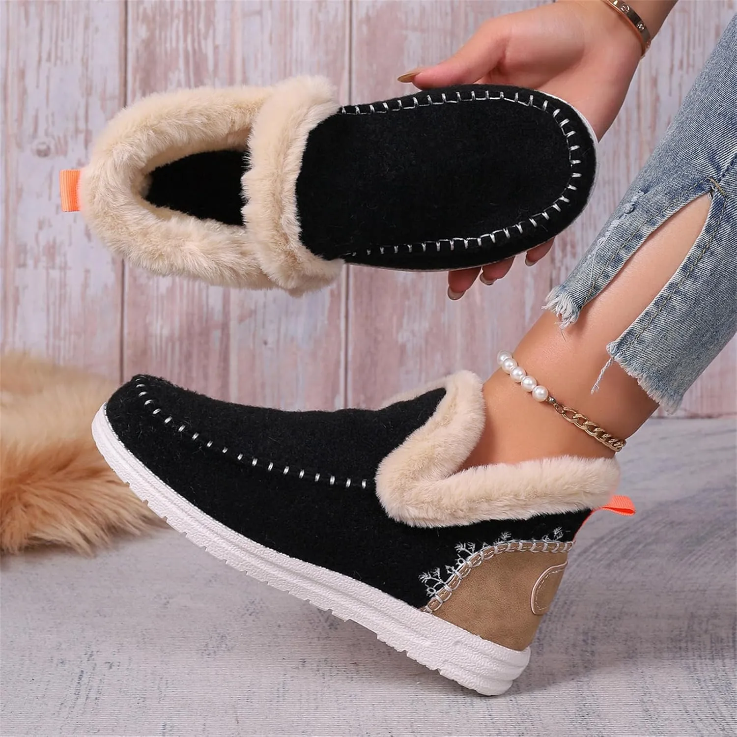 Ladmiple Booties For Women 2024 Warm Fur Lined Winter Snow Boots Outdoor Short Ankle Booties Slip On Fashion Loafers Shoes
