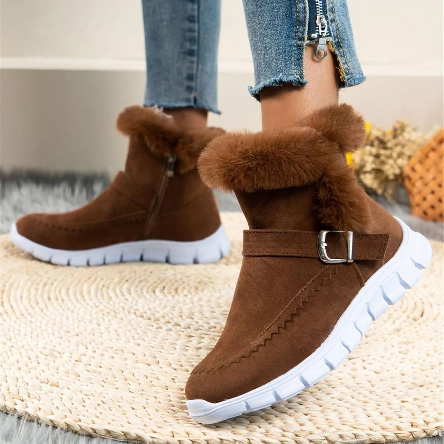 Ladmiple Boots For Women Ankle Booties Winter Slip On Warm Snow Boots Fashion Fur Lined Thickening Comfortable Loafers Shoes