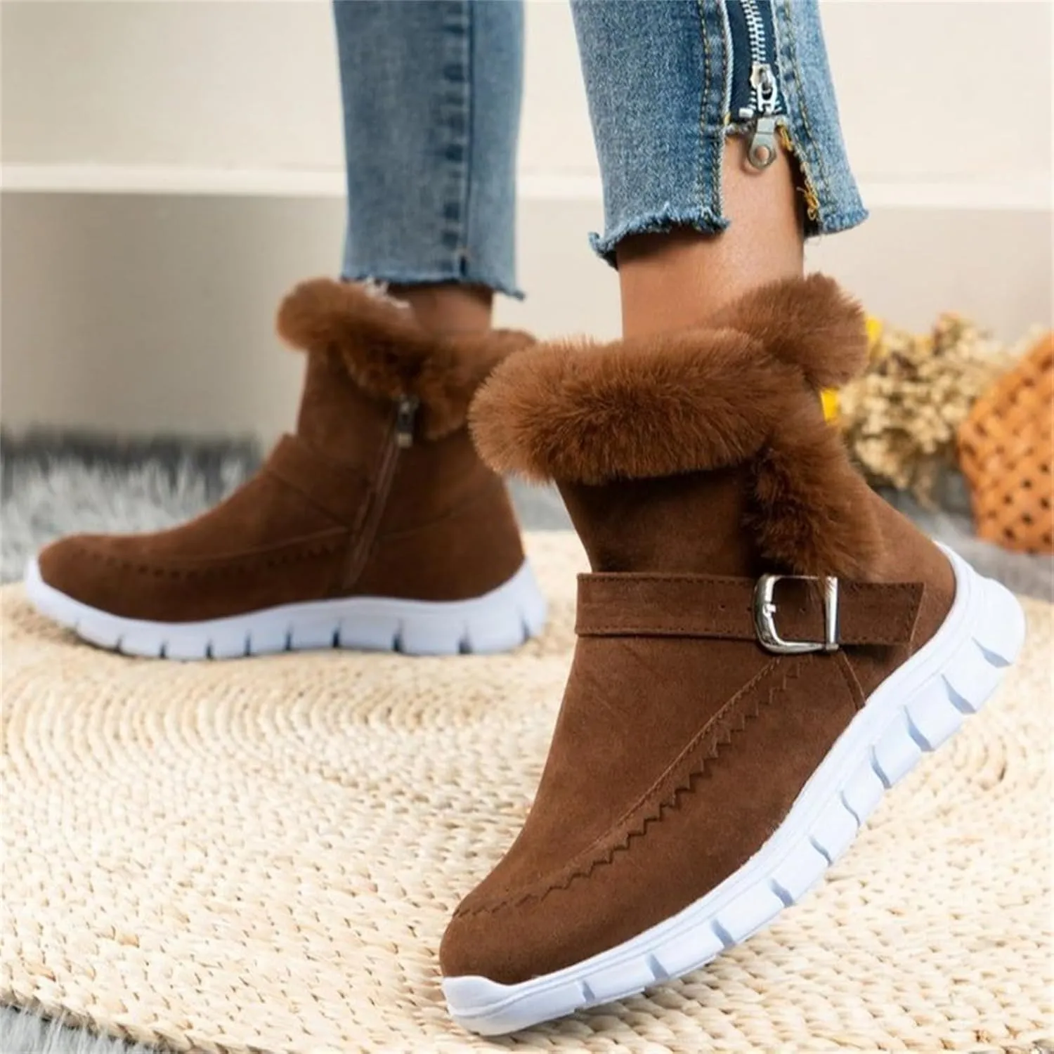 Ladmiple Boots For Women Ankle Booties Winter Slip On Warm Snow Boots Fashion Fur Lined Thickening Comfortable Loafers Shoes