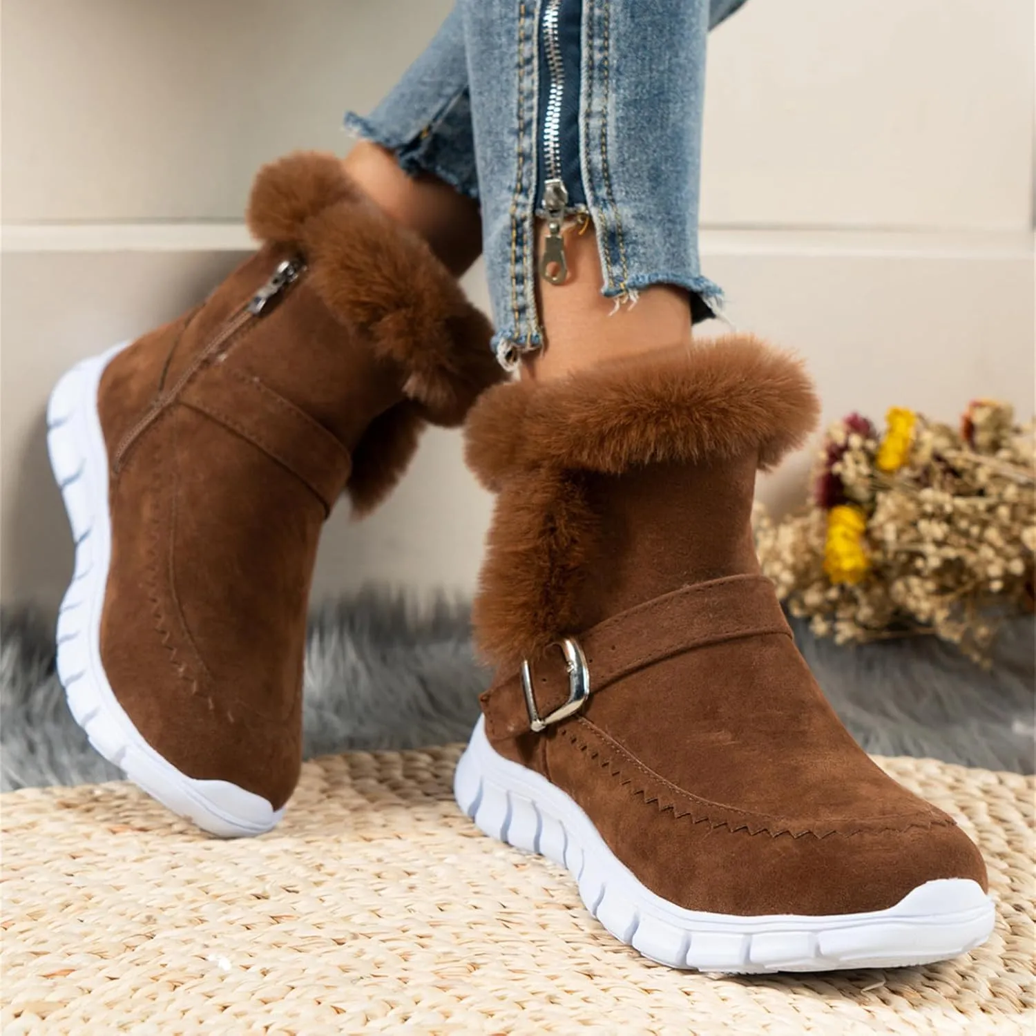 Ladmiple Boots For Women Ankle Booties Winter Slip On Warm Snow Boots Fashion Fur Lined Thickening Comfortable Loafers Shoes