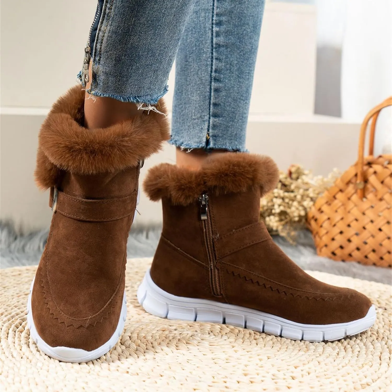 Ladmiple Boots For Women Ankle Booties Winter Slip On Warm Snow Boots Fashion Fur Lined Thickening Comfortable Loafers Shoes