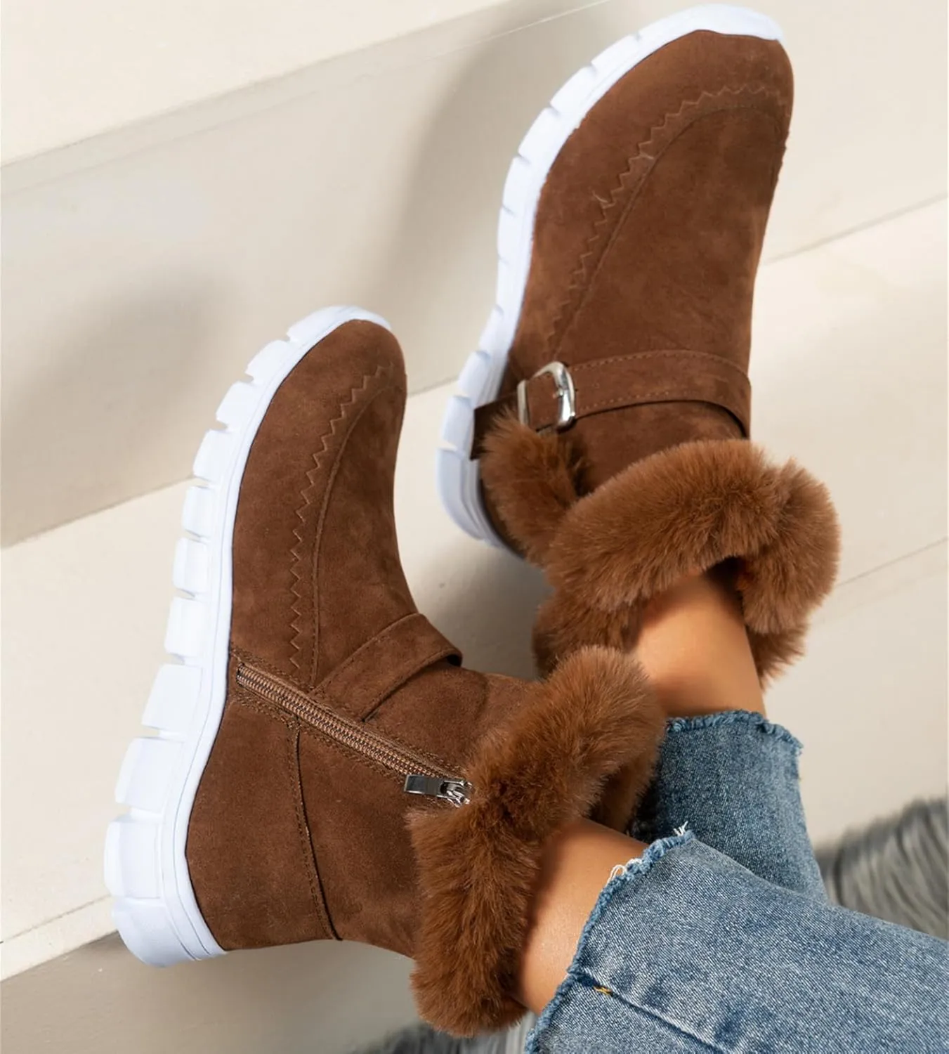 Ladmiple Boots For Women Ankle Booties Winter Slip On Warm Snow Boots Fashion Fur Lined Thickening Comfortable Loafers Shoes
