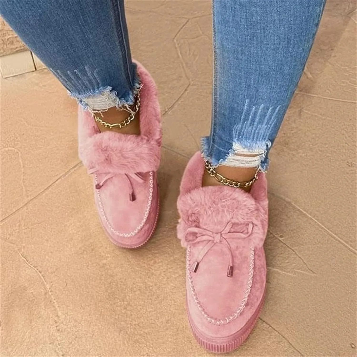 Lausiuoe Winter Boots For Women 2022 Trendy Fuzzy Booties Warm Fluffy Silp On Comfortable Casual Ankle Boots Loafers
