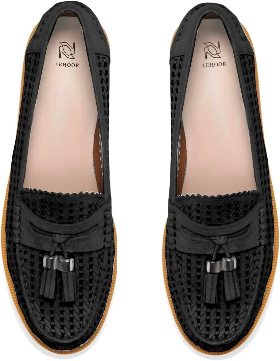 LEHOOR Women Chunky Block Heel Loafers Tassel Perforated Loafer Shoes Round Toe Slip On Dress Shoes Cut Out Retro 1 inch Flat Heel Penny Loafers Office Ladies Chic 4-11 M US