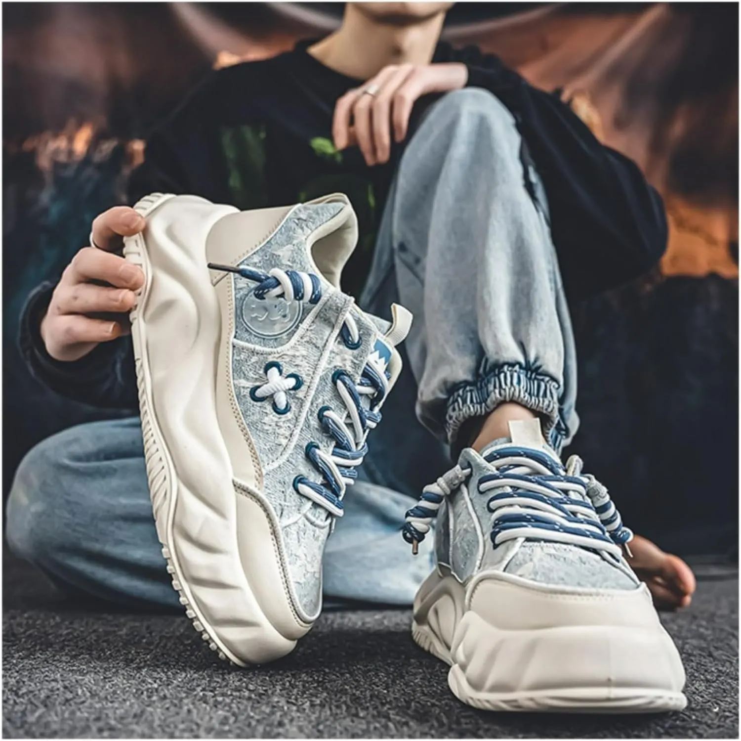 Men's Bear Fashion Sneakers Chunky Platform Casual Sneakers Lace Up Walking Shoes Breathable & Comfortable Streetwear