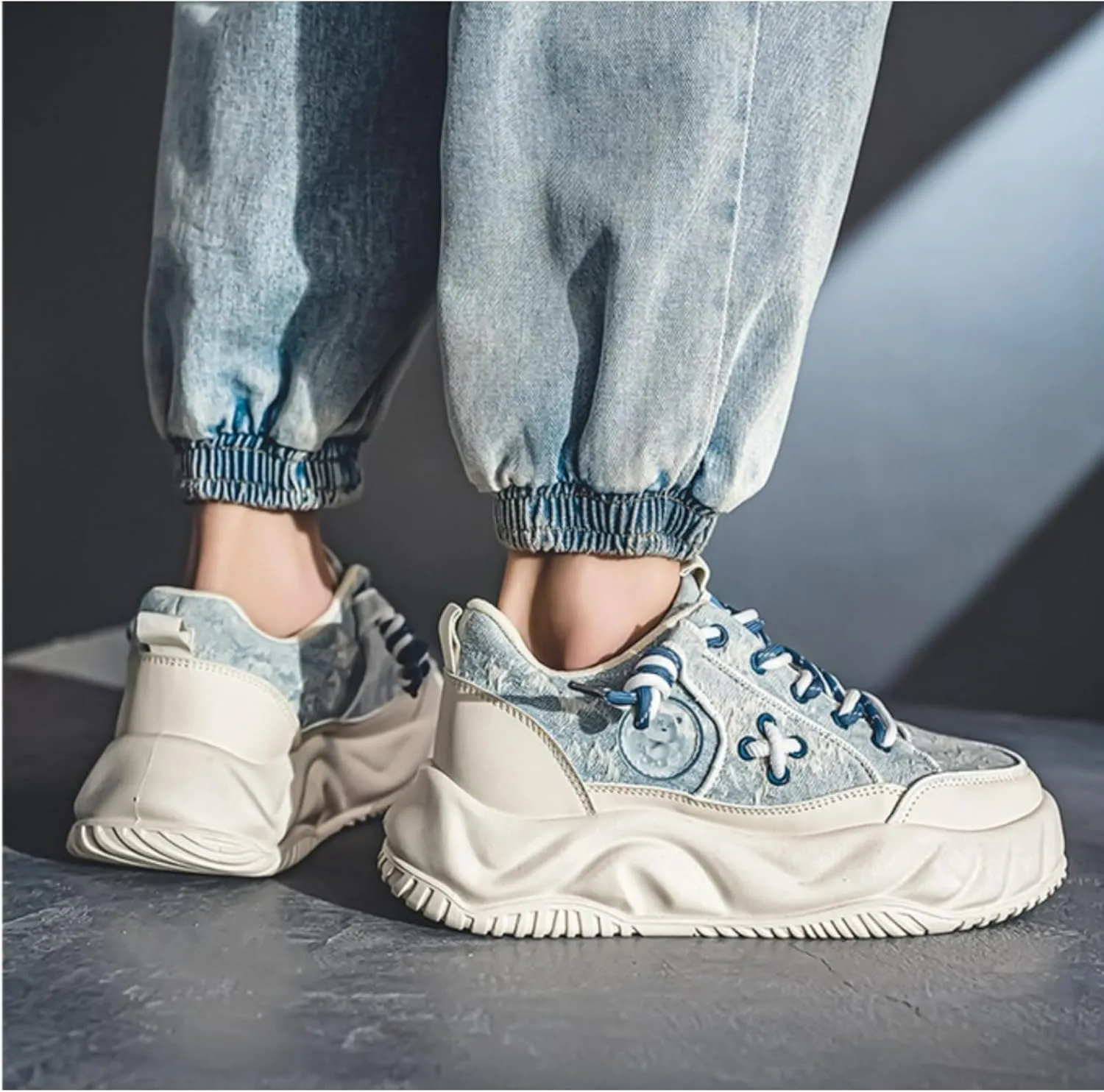 Men's Bear Fashion Sneakers Chunky Platform Casual Sneakers Lace Up Walking Shoes Breathable & Comfortable Streetwear