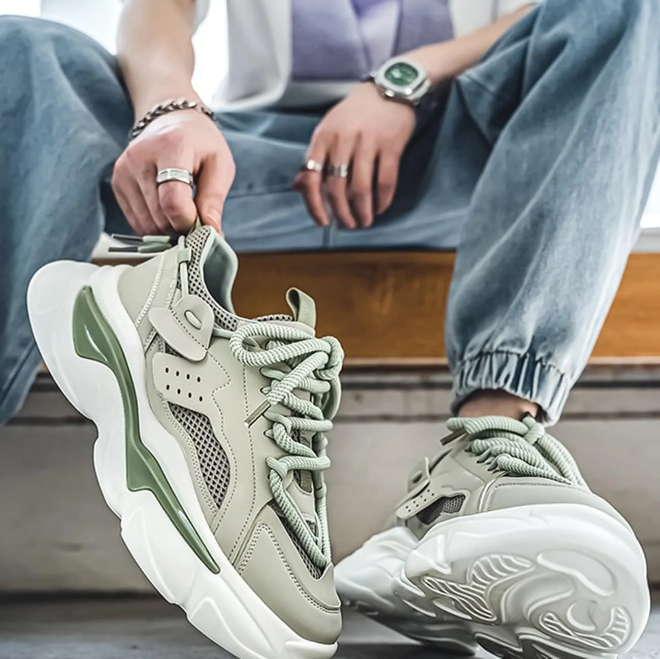 Mens Chunky Walking Shoes Fashion Colorblock Sneakers Lightweight Breathable Retro Casual Shoes