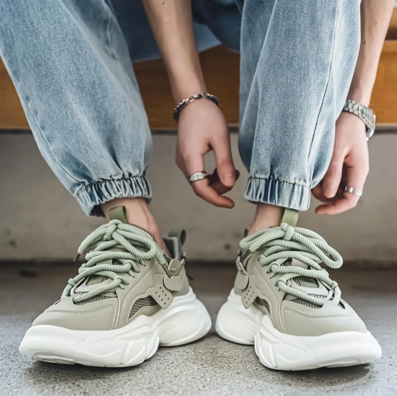 Mens Chunky Walking Shoes Fashion Colorblock Sneakers Lightweight Breathable Retro Casual Shoes