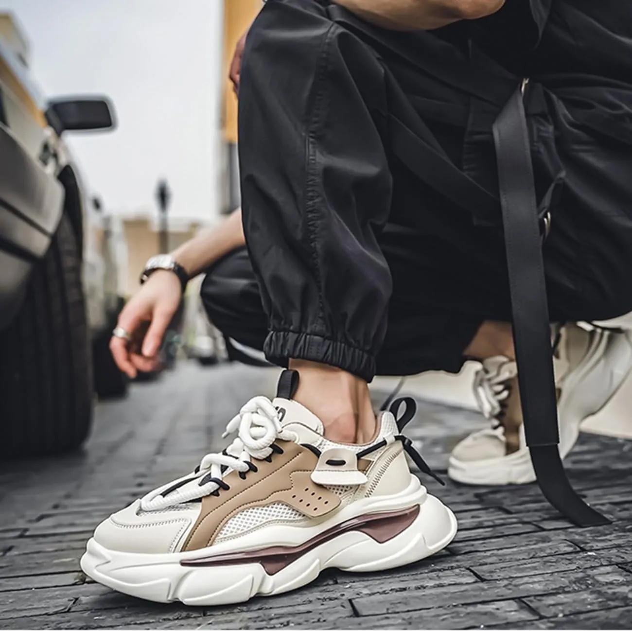 Mens Chunky Walking Shoes Fashion Colorblock Sneakers Lightweight Breathable Retro Casual Shoes