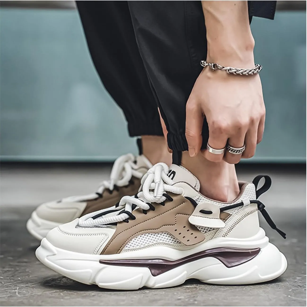 Mens Chunky Walking Shoes Fashion Colorblock Sneakers Lightweight Breathable Retro Casual Shoes