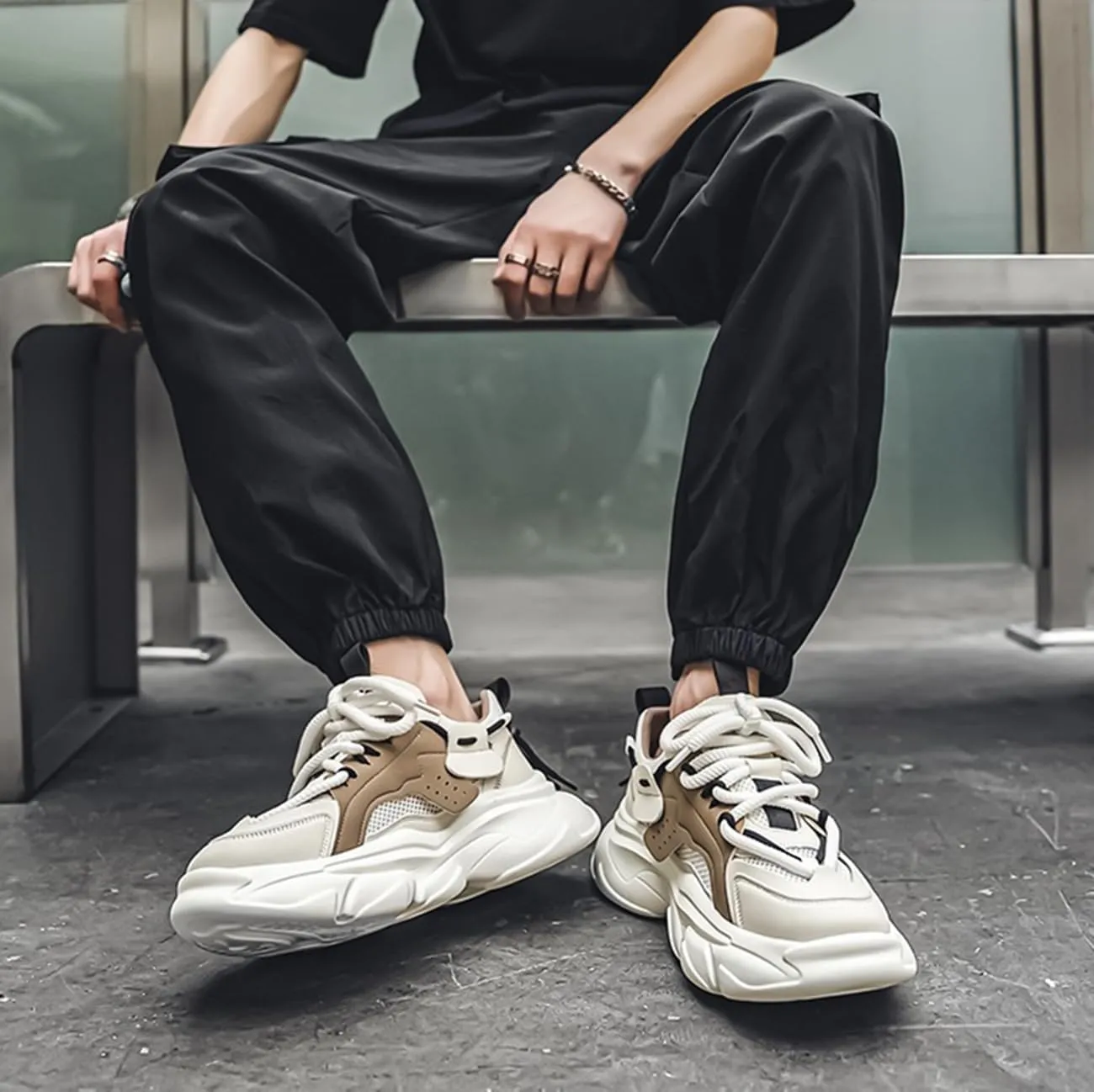 Mens Chunky Walking Shoes Fashion Colorblock Sneakers Lightweight Breathable Retro Casual Shoes