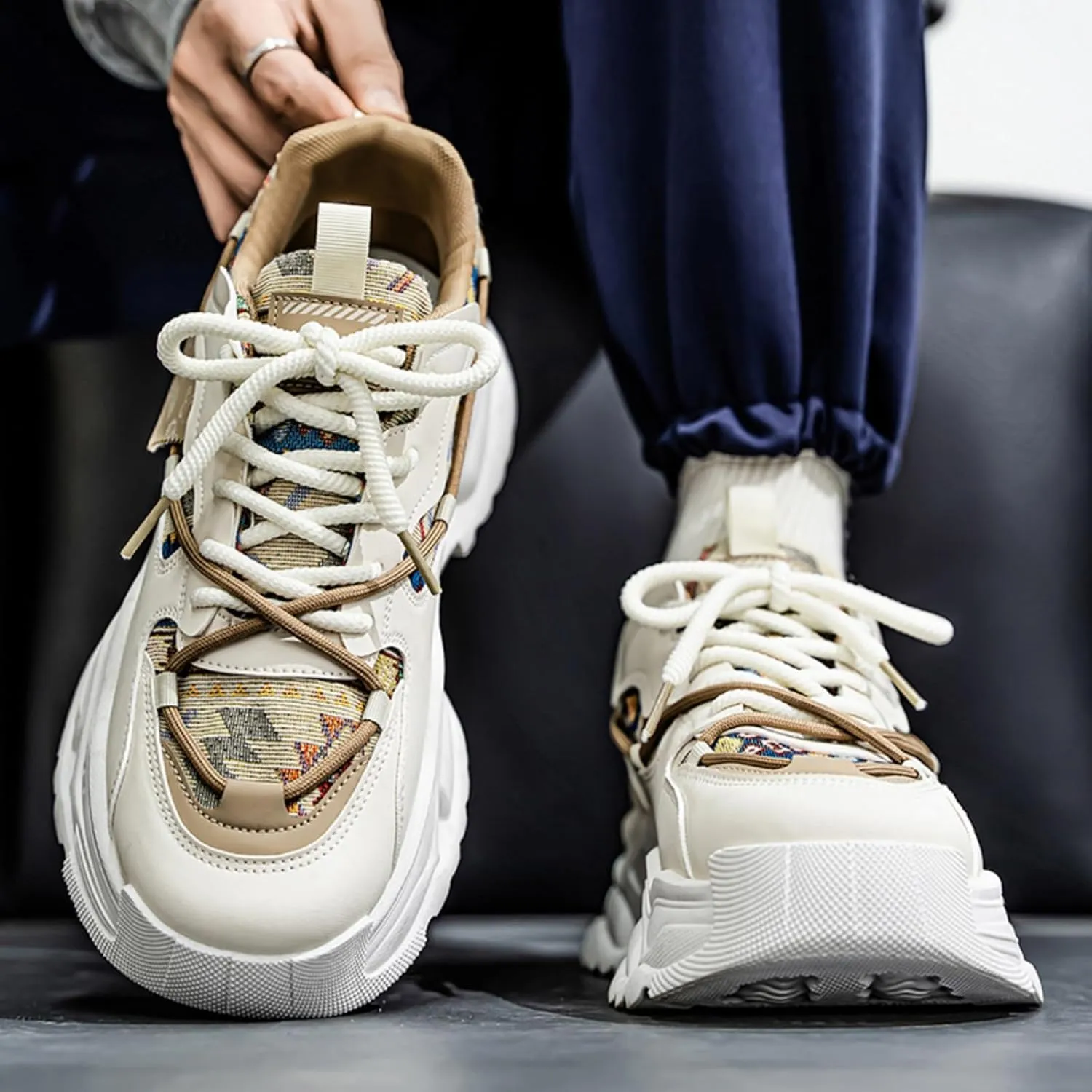 Men's Durable Chunky Sole Sneakers - Slip-Proof Walking Shoes with Canvas & Leather Mix All-Season Comfort for Urban Exploration