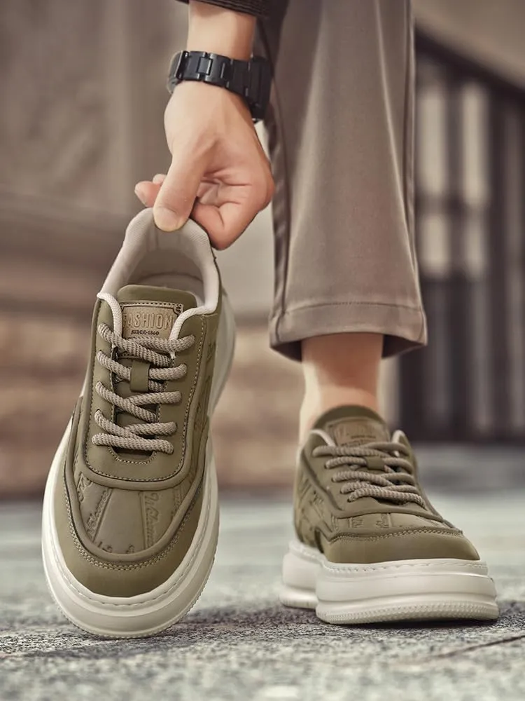 Men's Leather Lace-Up Sneakers Comfort Walking Shoes Cushioned Sole Elevator Shoes for Men Casual Skate