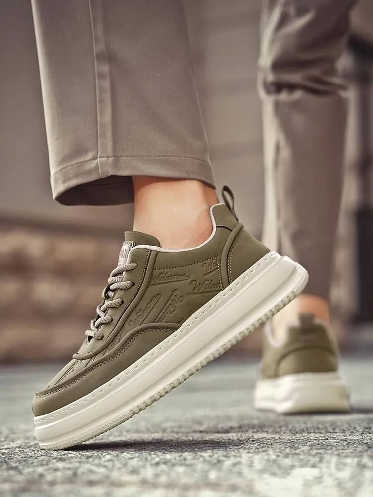Men's Leather Lace-Up Sneakers Comfort Walking Shoes Cushioned Sole Elevator Shoes for Men Casual Skate