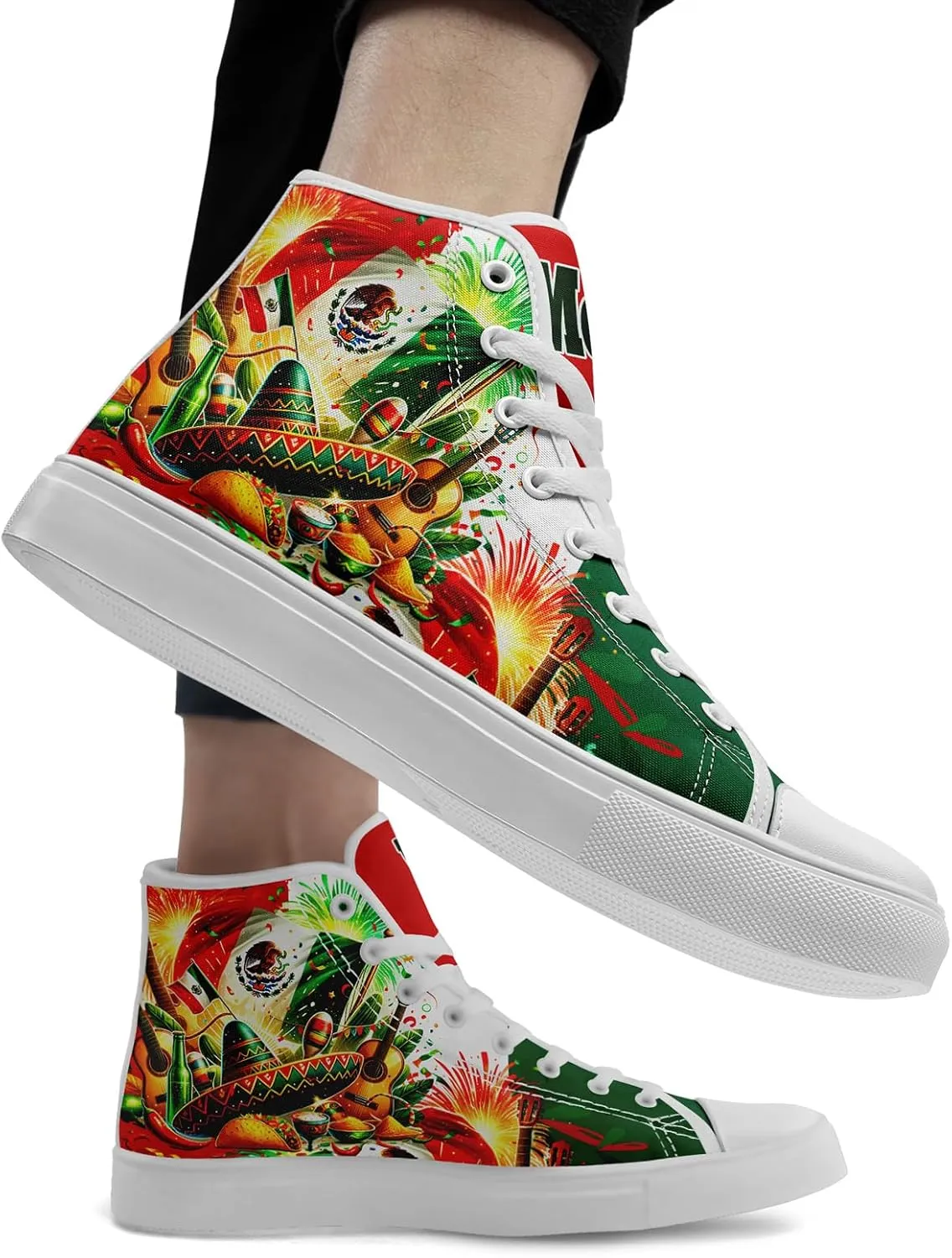 Men's Mexican Flag High-Top Canvas Sneakers Women's Mexico Lace-Up Shoes Gift Comfortable Stylish Streetwear Footwear