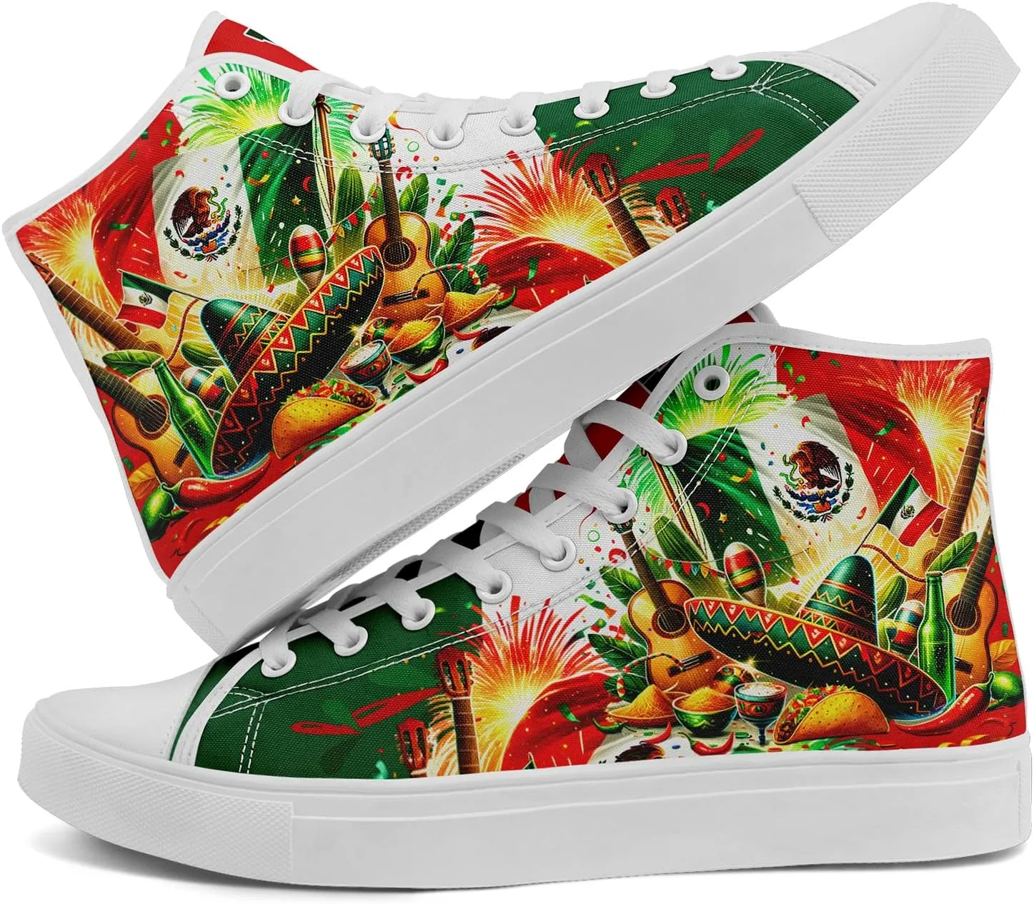 Men's Mexican Flag High-Top Canvas Sneakers Women's Mexico Lace-Up Shoes Gift Comfortable Stylish Streetwear Footwear