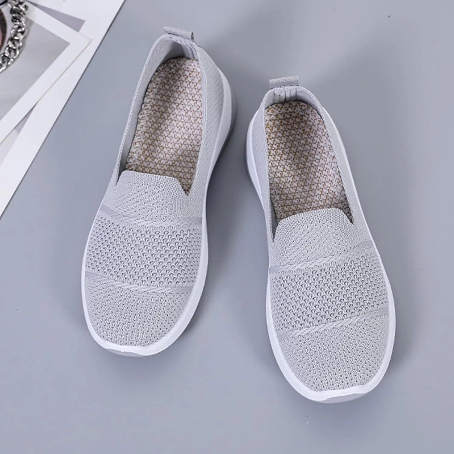 Mmoneyake Women's Woven Orthopedic Breathable Soft Shoes Diabetic Foam Walking Shoes Mesh Knitted Woven Low Top Walking Shoe Slip-On Indoor Outdoor Casual Sneakers