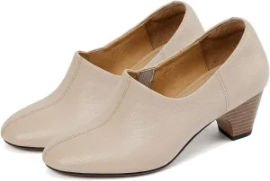 MOOMMO Women Chunky Stacked Heel Loafers Pumps Round Closed Toe Slip On Penny Loafers 2” Mid Block Heels Oxford Shoes Elastic Gore Formal Work Shoes Office Ladies Comfortable Vintage Spring 4-11 M US