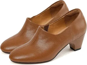 MOOMMO Women Chunky Stacked Heel Loafers Pumps Round Closed Toe Slip On Penny Loafers 2” Mid Block Heels Oxford Shoes Elastic Gore Formal Work Shoes Office Ladies Comfortable Vintage Spring 4-11 M US