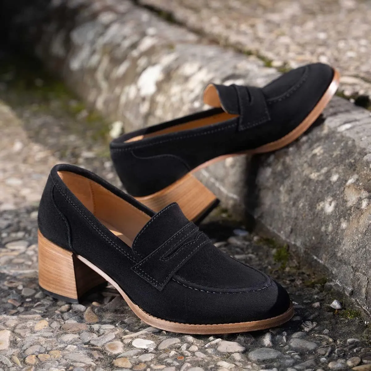 MOOMMO Women Classic Chunky Block High Heel Loafers Pumps Round Closed Toe Slip On Oxford Shoes Suede Square Toe Penny Loafer 2" Stacked Heels Dress Loafers Office Ladies Business Elegant 4-11 M US
