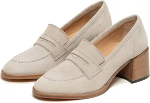 MOOMMO Women Classic Chunky Block High Heel Loafers Pumps Round Closed Toe Slip On Oxford Shoes Suede Square Toe Penny Loafer 2" Stacked Heels Dress Loafers Office Ladies Business Elegant 4-11 M US
