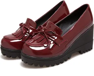 MOOMMO Women Platform Wedge Loafers Shoes Slip On Patent Leather Oxford Shoes Fringe Wingtip Bow Lug Sole Chunky Heel Round Toe Penny Loafers Ladies Girls Uniform Business Office Shoes Cute 4-10 M US