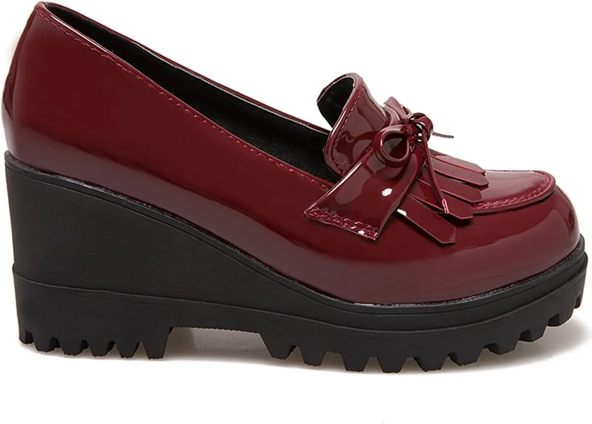 MOOMMO Women Platform Wedge Loafers Shoes Slip On Patent Leather Oxford Shoes Fringe Wingtip Bow Lug Sole Chunky Heel Round Toe Penny Loafers Ladies Girls Uniform Business Office Shoes Cute 4-10 M US