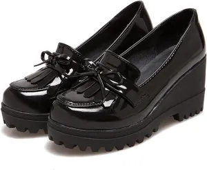 MOOMMO Women Platform Wedge Loafers Shoes Slip On Patent Leather Oxford Shoes Fringe Wingtip Bow Lug Sole Chunky Heel Round Toe Penny Loafers Ladies Girls Uniform Business Office Shoes Cute 4-10 M US