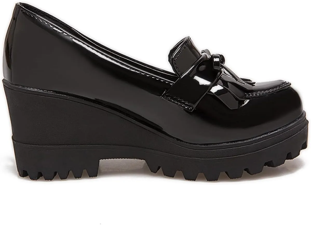 MOOMMO Women Platform Wedge Loafers Shoes Slip On Patent Leather Oxford Shoes Fringe Wingtip Bow Lug Sole Chunky Heel Round Toe Penny Loafers Ladies Girls Uniform Business Office Shoes Cute 4-10 M US