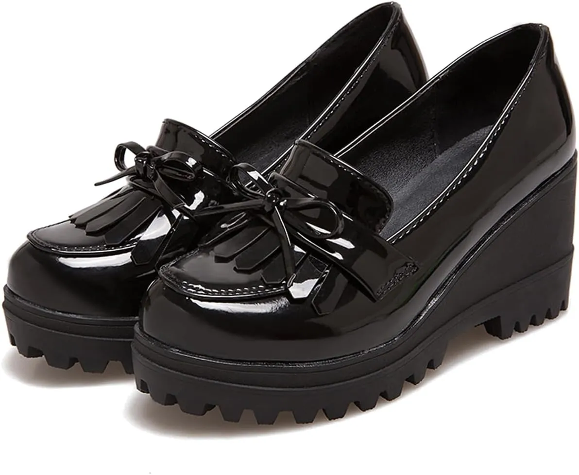 MOOMMO Women Platform Wedge Loafers Shoes Slip On Patent Leather Oxford Shoes Fringe Wingtip Bow Lug Sole Chunky Heel Round Toe Penny Loafers Ladies Girls Uniform Business Office Shoes Cute 4-10 M US