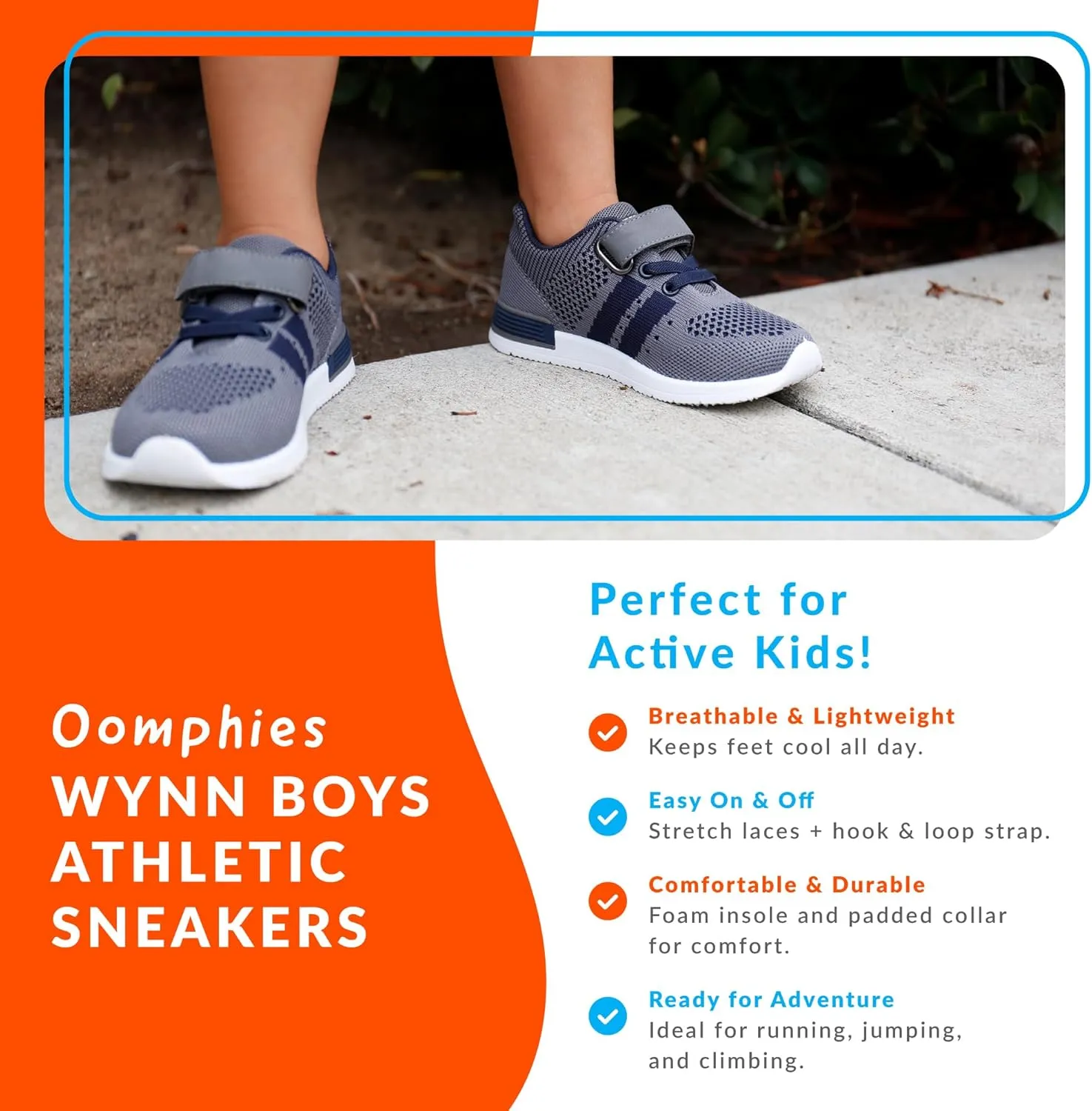 Oomphies Wynn Boys Athletic Sneakers  Breathable Knit Upper, Hook & Loop Closure, Cushioned Insole & Lightweight Design