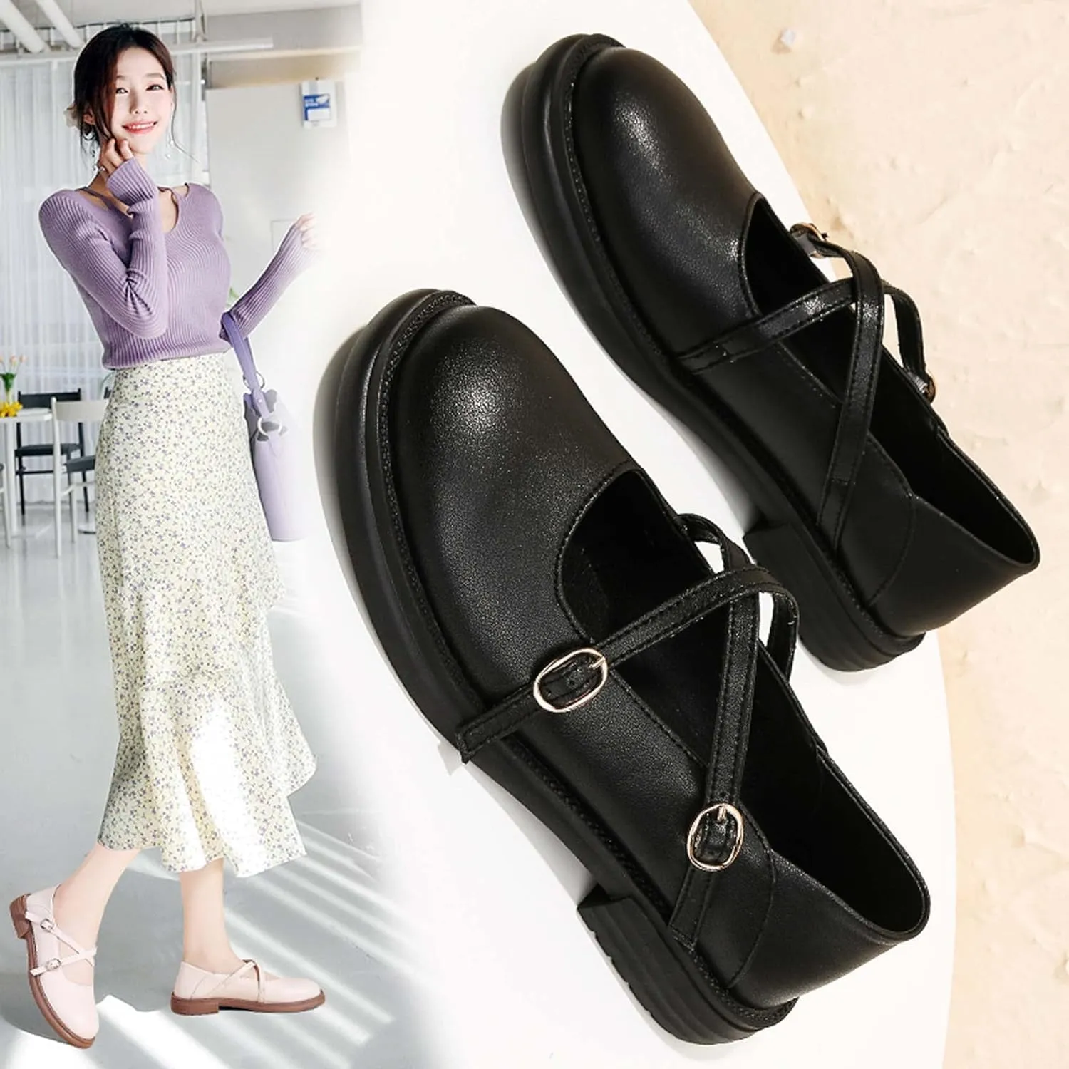Outdoor Black Loafers Loafers for Women Comfortable Chunky Heel Platform Patent-Leather Chunky Loafers