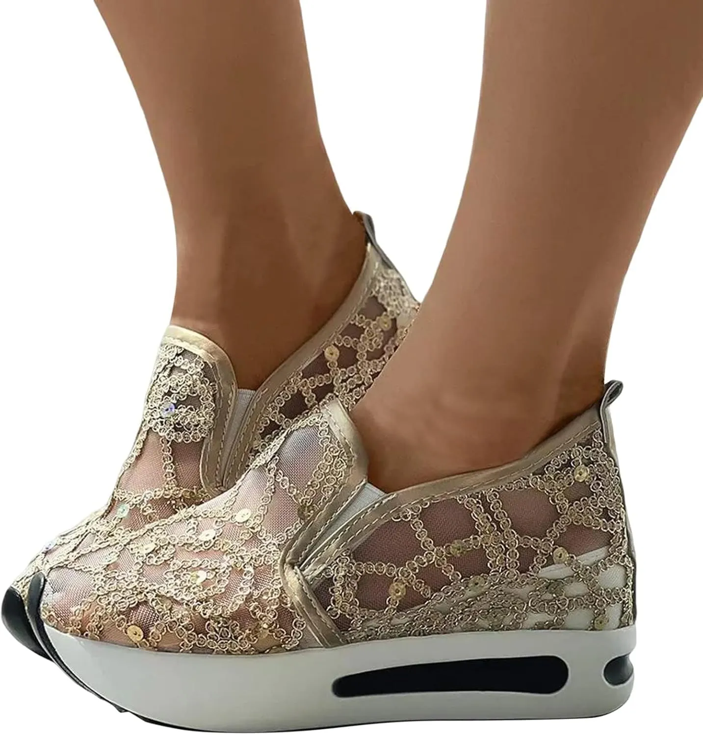 Platform Wedge Sneakers for Women Dressy Casual High Heel Loafers Floral Embroidery Tennis Shoes Breathable Walking Shoe Comfortable Sheer Mesh Slip on Shoe Chunky Sole Sneaker with Arch Support