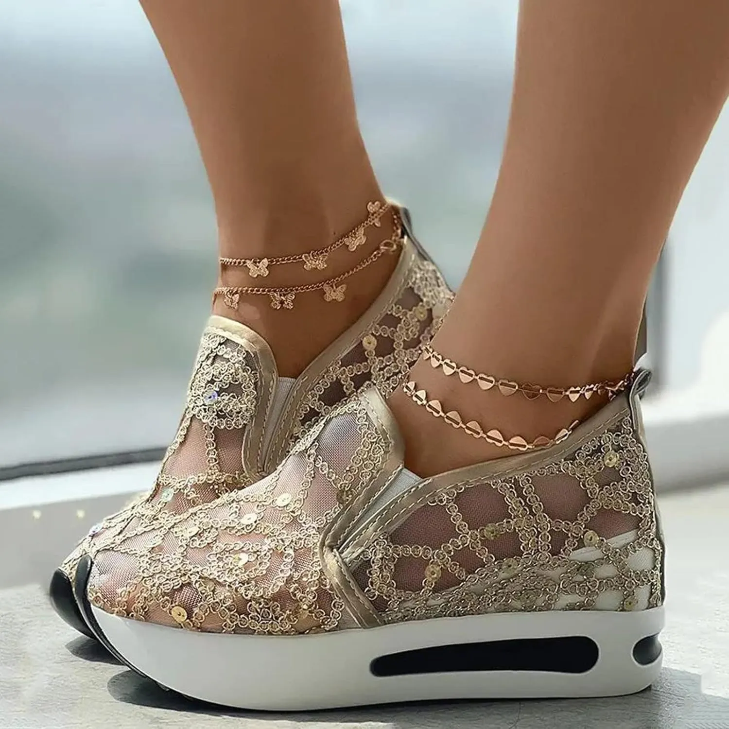 Platform Wedge Sneakers for Women Floral Embroidery Mesh Slip-On Breathable Non-Slip Arch Support Lace Chunky Sole Hidden High Heels