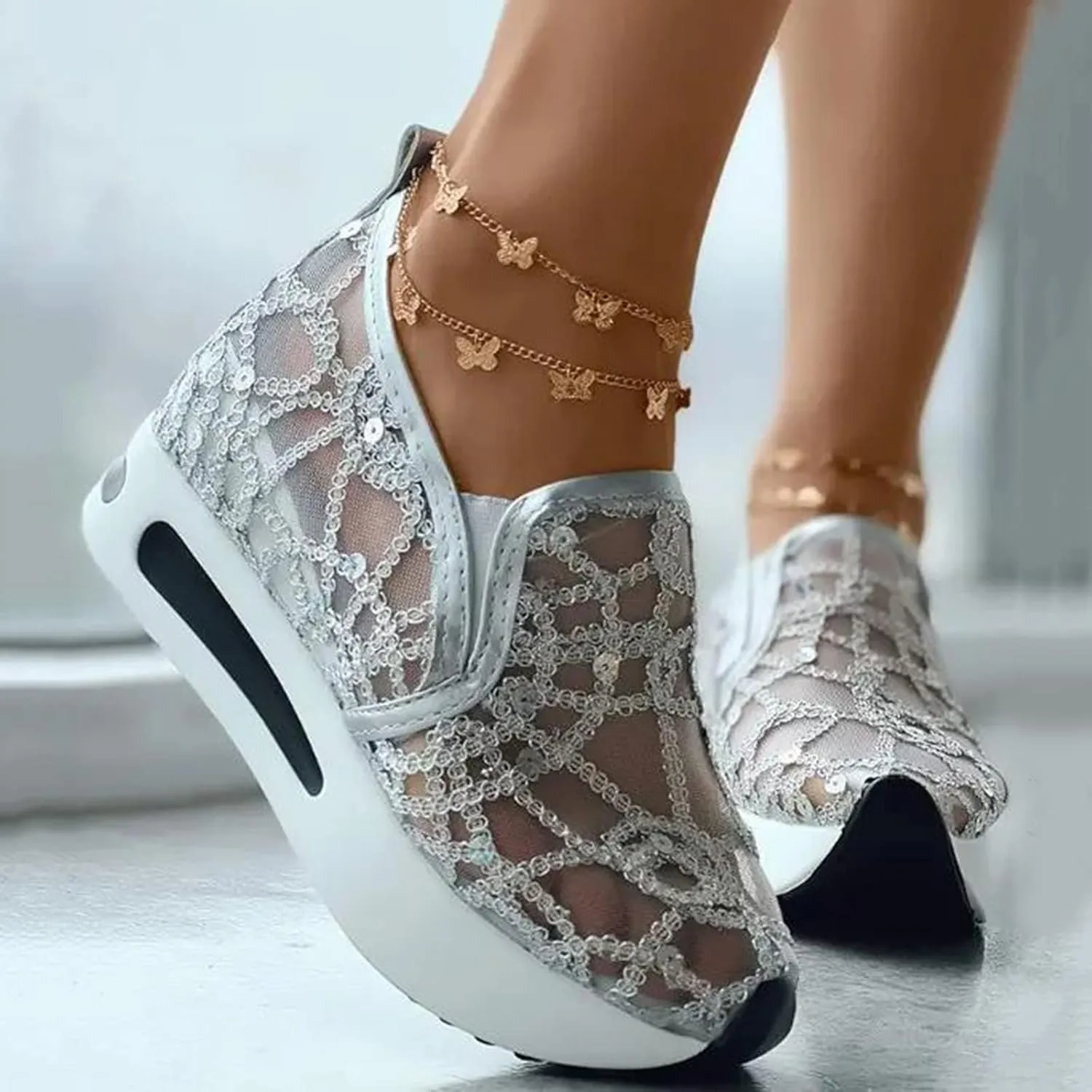 Platform Wedge Sneakers for Women Floral Embroidery Mesh Slip-On Breathable Non-Slip Arch Support Lace Chunky Sole Hidden High Heels