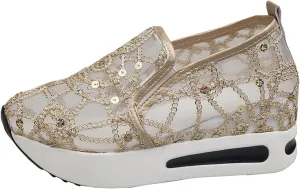 Platform Wedge Sneakers for Women Floral Embroidery Mesh Slip-On Breathable Non-Slip Arch Support Lace Chunky Sole Hidden High Heels