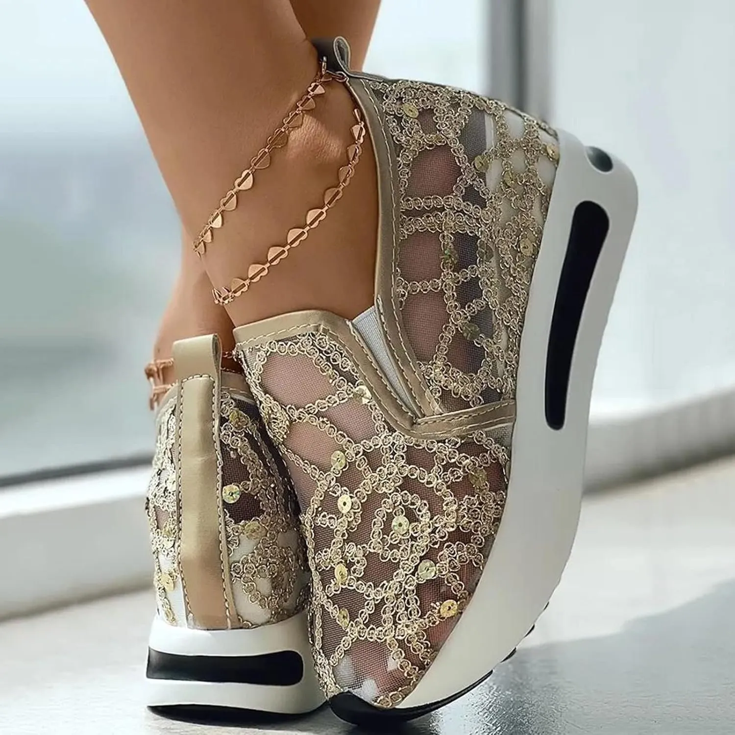 Platform Wedge Sneakers for Women Floral Embroidery Mesh Slip-On Breathable Non-Slip Arch Support Lace Chunky Sole Hidden High Heels