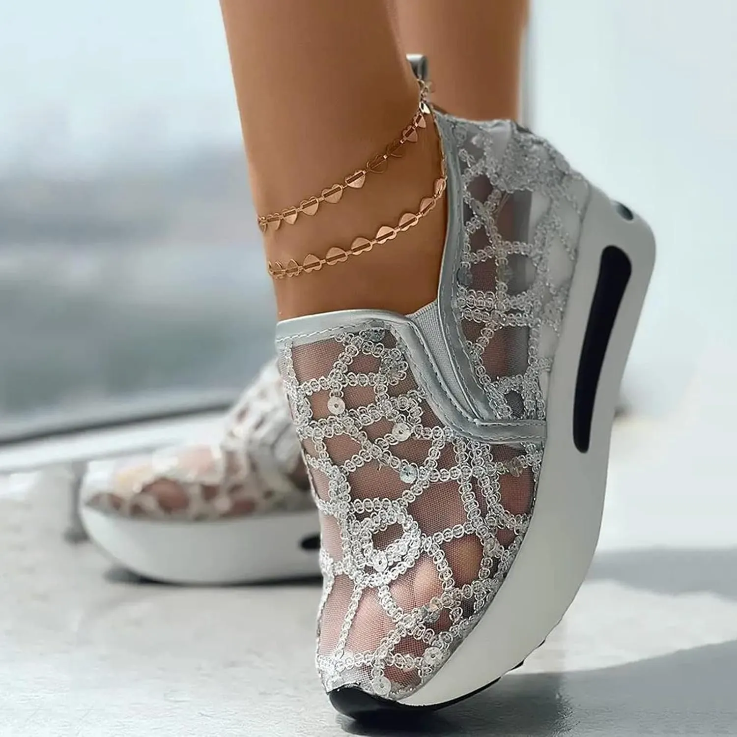Platform Wedge Sneakers for Women Floral Embroidery Mesh Slip-On Breathable Non-Slip Arch Support Lace Chunky Sole Hidden High Heels
