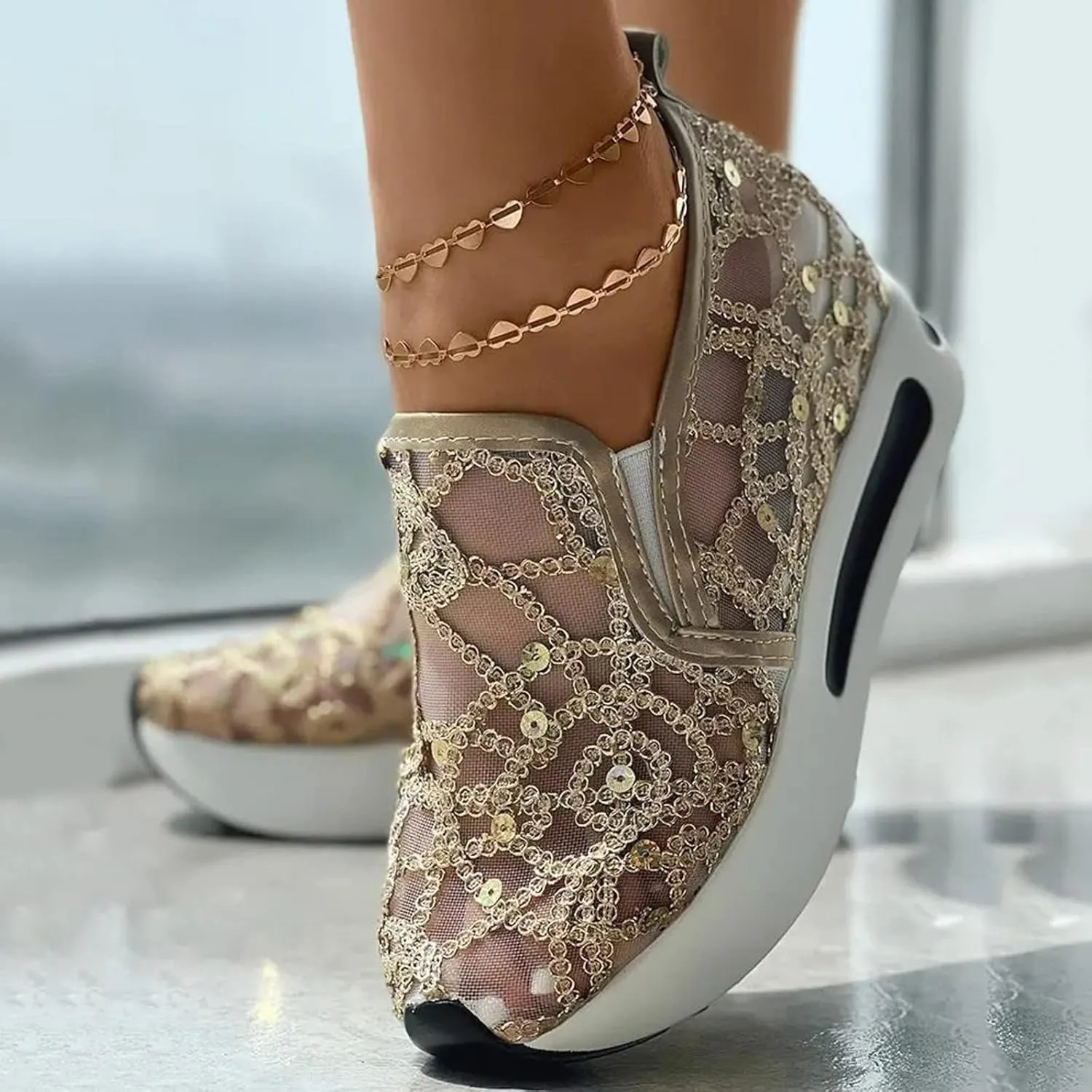 Platform Wedge Sneakers for Women Floral Embroidery Mesh Slip-On Breathable Non-Slip Arch Support Lace Chunky Sole Hidden High Heels