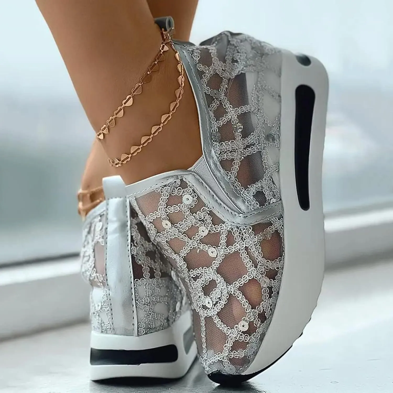 Platform Wedge Sneakers for Women Floral Embroidery Mesh Slip-On Breathable Non-Slip Arch Support Lace Chunky Sole Hidden High Heels