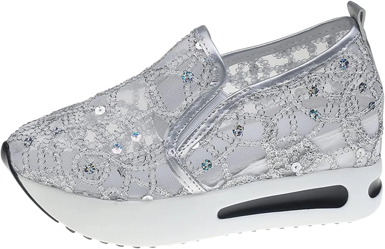 Platform Wedge Sneakers for Women Floral Embroidery Mesh Slip-On Breathable Non-Slip Arch Support Lace Chunky Sole Hidden High Heels