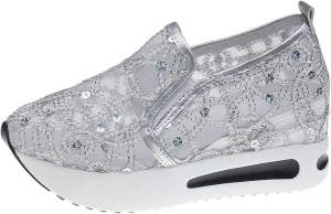 Platform Wedge Sneakers for Women Lightweight Breathable Embroidery Floral Mesh Hollow Out Walking Shoes Summer Comfortable Chunky Sole Hidden High Heels Slip On Loafers