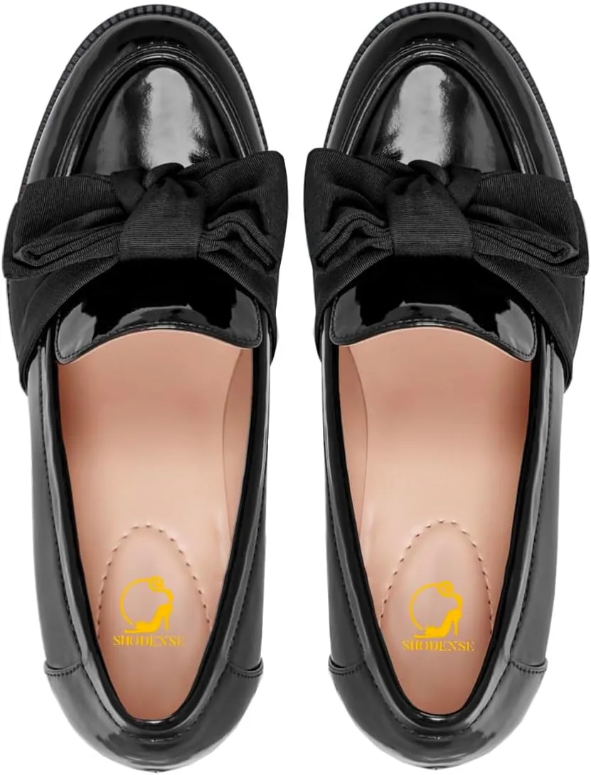 SHODENSE Women Chunky Stacked Heel Bow Pumps Shoes Round Closed Toe Slip On Oxford Loafer Shoes Patent Leather Mid Block Heels Dress Loafer Two-Toned Office Work Penny Loafers Wedding Party 4-11 M US